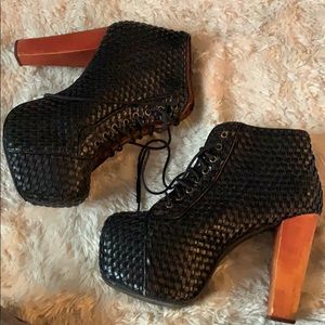 Jeffrey Campbell black leather woven pumps wooden